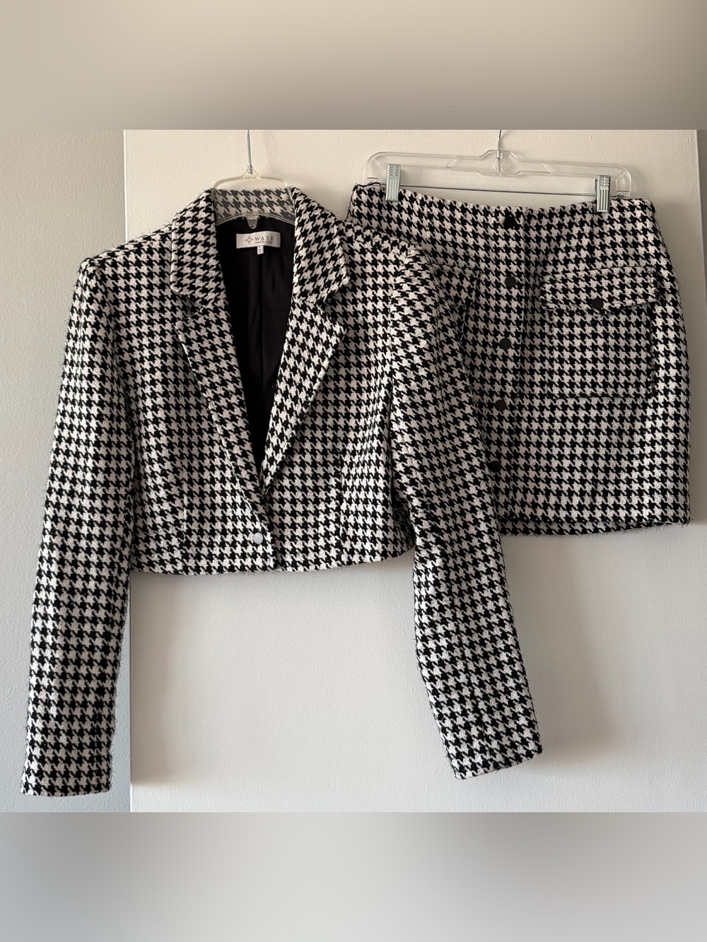 WAYF Houndstooth Tweed Cropped Blazer & Mini Skirt Matching Set Size Large Black